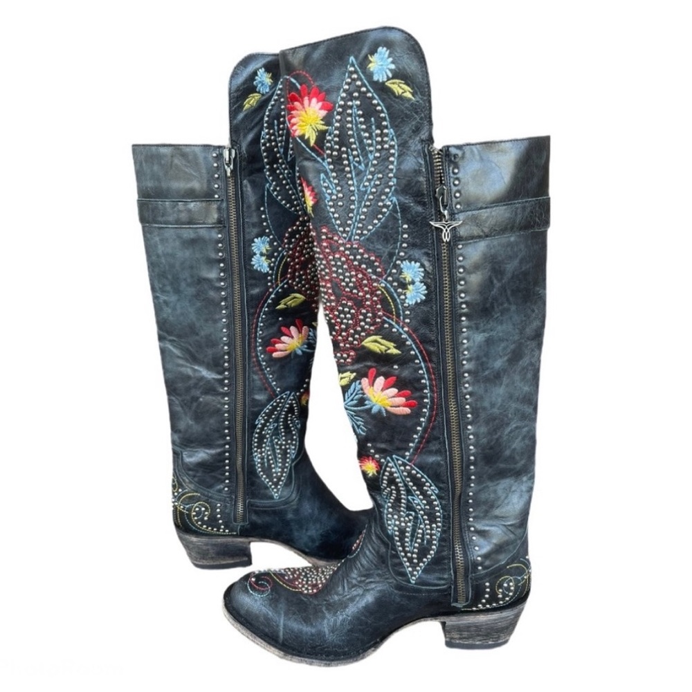 LANE Knee High Black Embroidered
Studded Boots - Picture 2 of 11